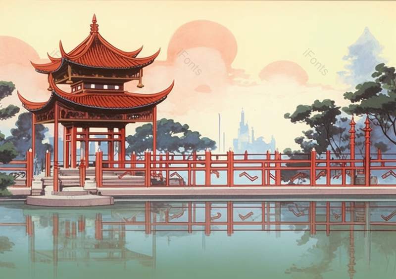 左构图屋顶国风亭子国湖桥水面平静倒影蓝色天空背景,插画/手绘图,插画/手绘图库,插画/手绘图下载,插画/手绘